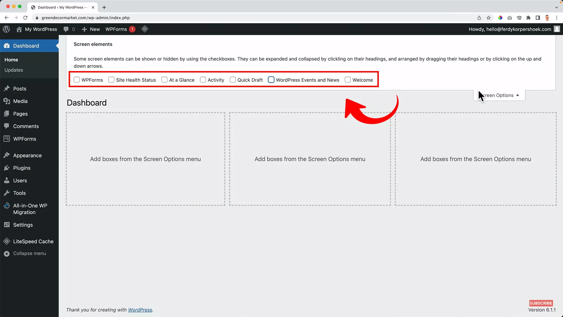 uncheck widgets on Screen Options WordPress