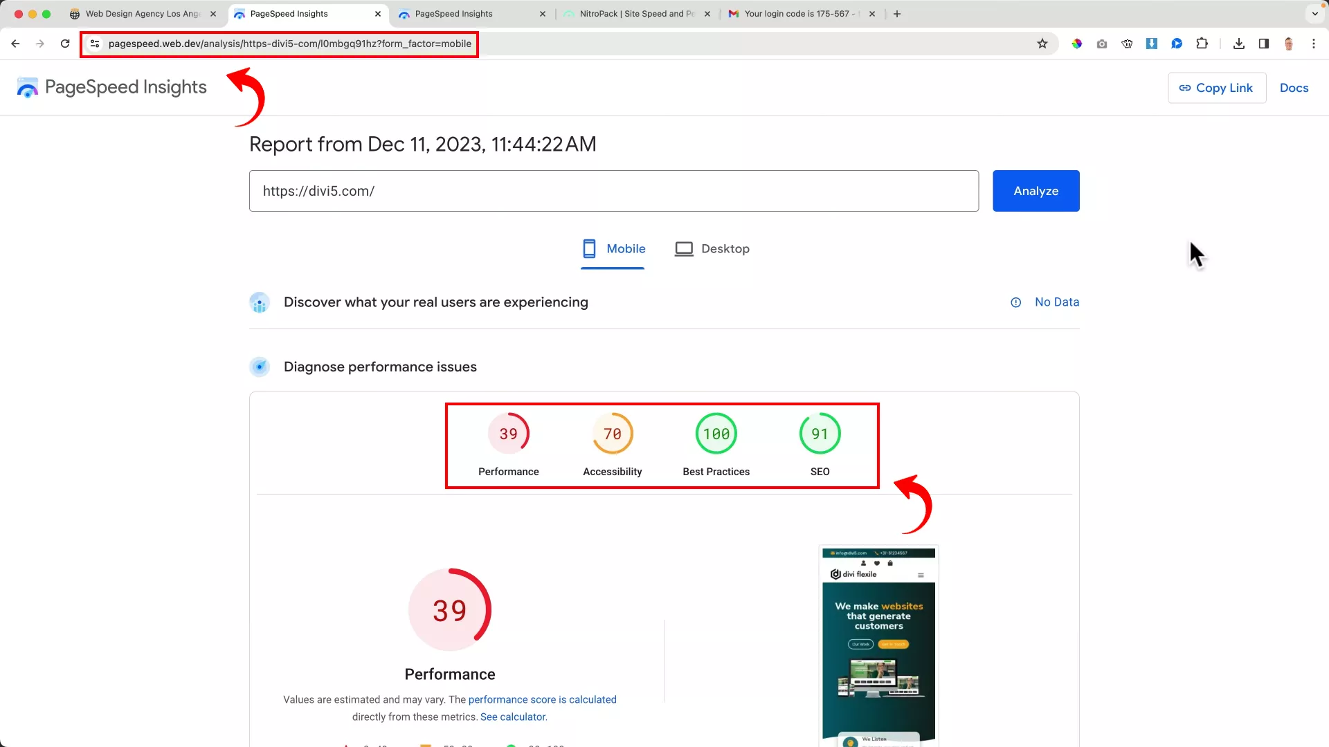 How to Speed Up Your WordPress Website (Mobile + Desktop) ecommerce website Google PageSpeed Insights report before installing NitroPack