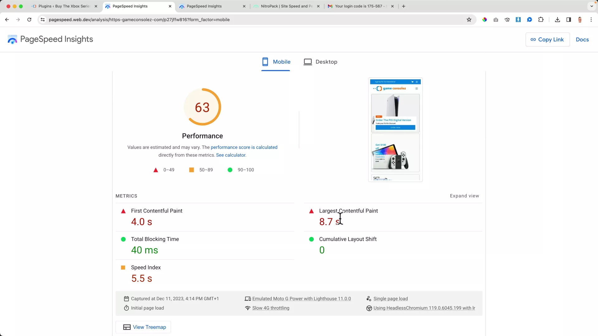 How to Speed Up Your WordPress Website (Mobile + Desktop) Google PageSpeed Insights report for an ecommerce website before installing NitroPack