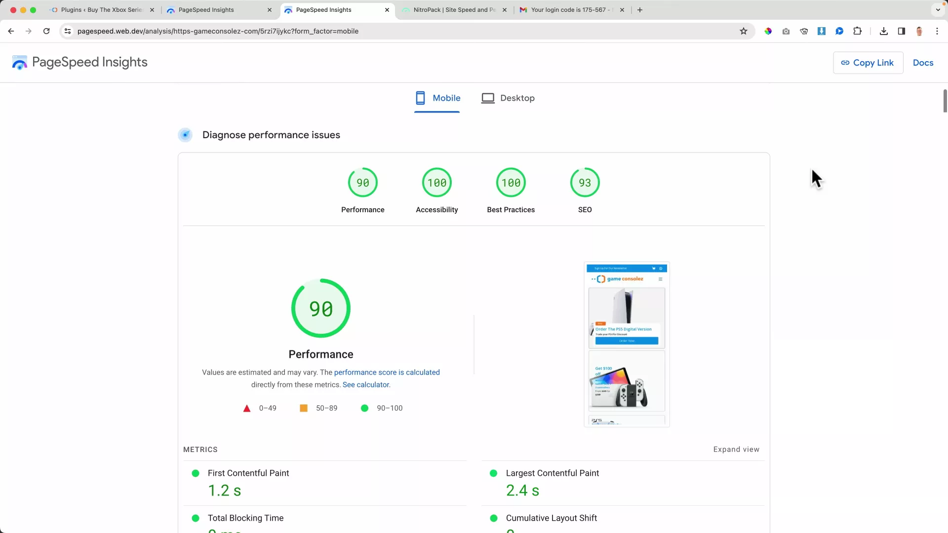 How to Speed Up Your WordPress Website (Mobile + Desktop) Google PageSpeed Insights Report for an ecommerce website after installing NitroPack