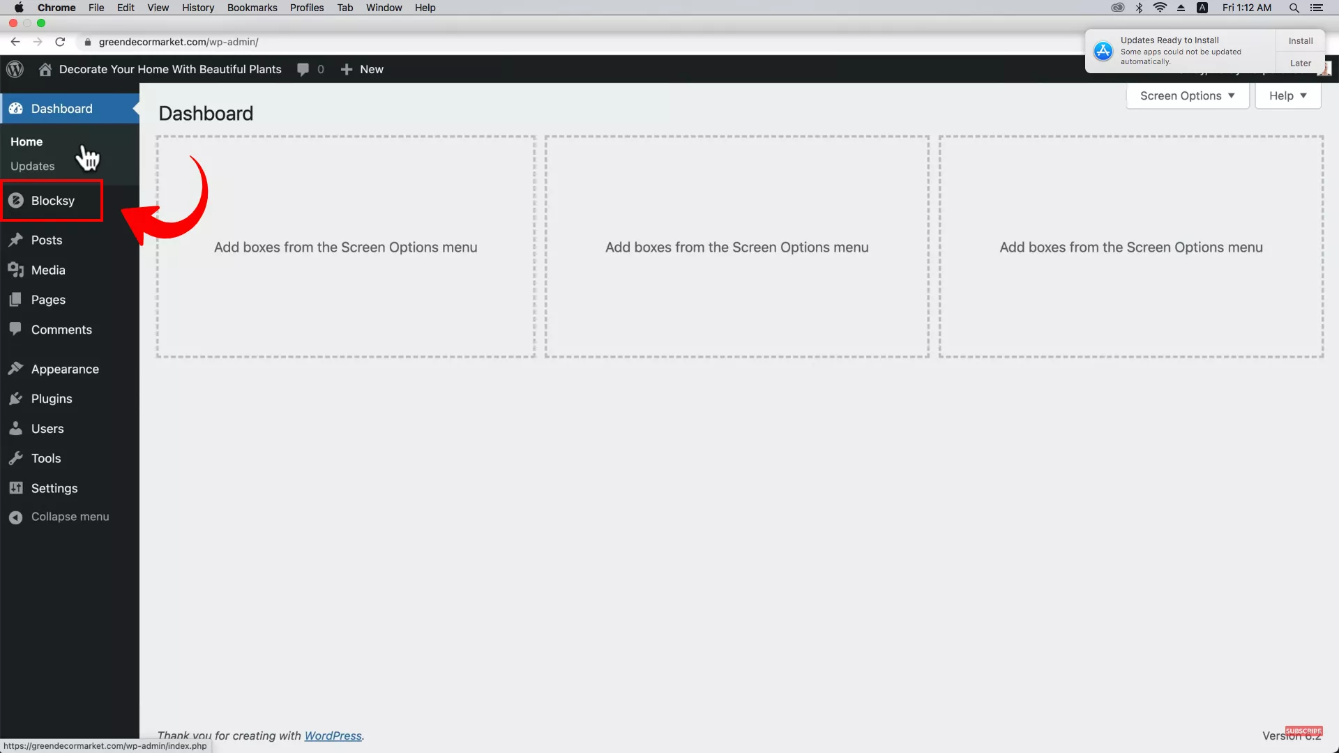 Blocksy theme tab on WordPress