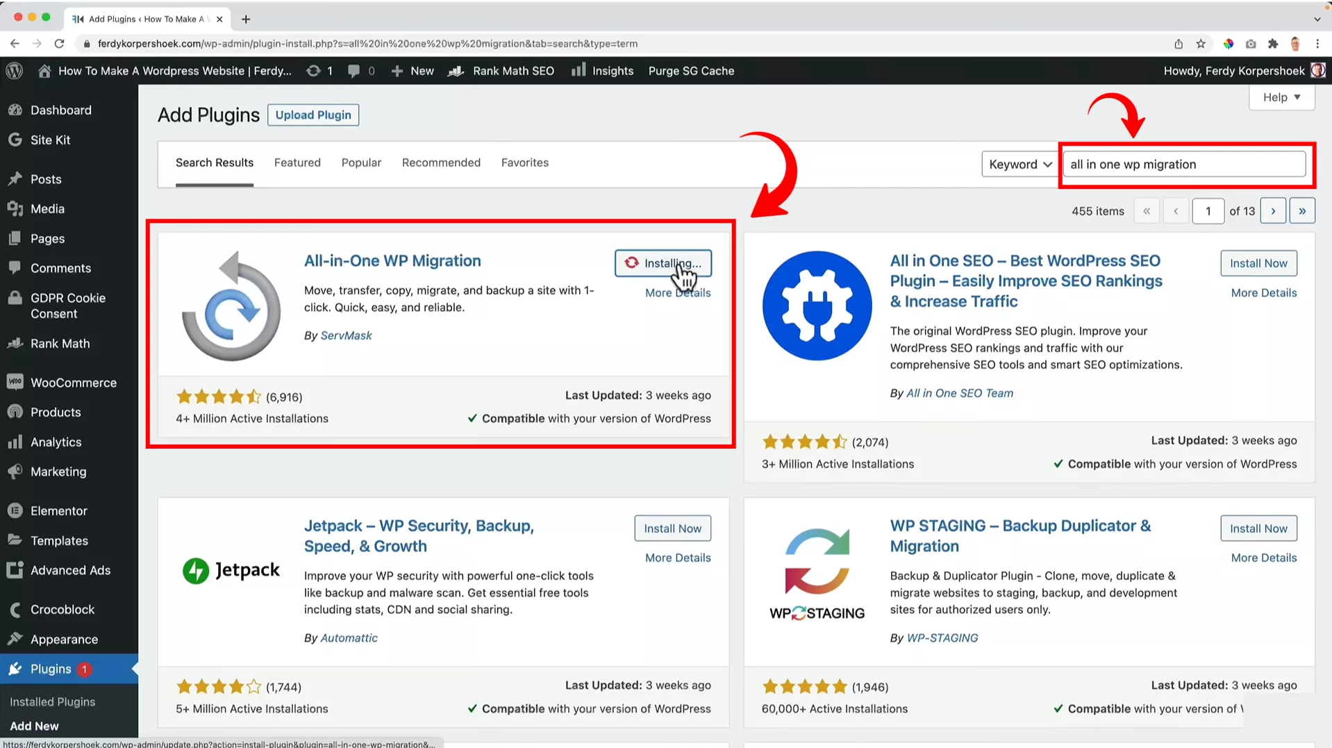 install All in one WP migration plugin