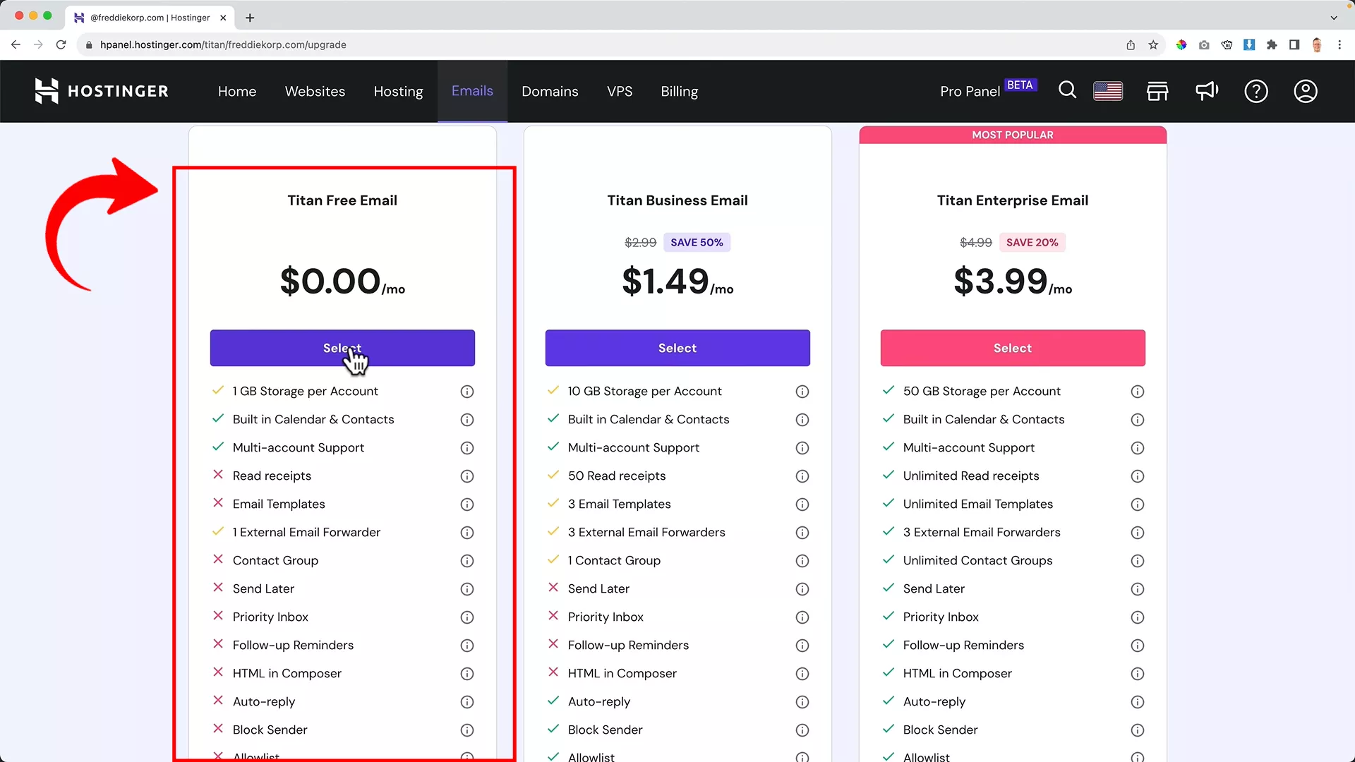Choose Titan email plan for domain email address