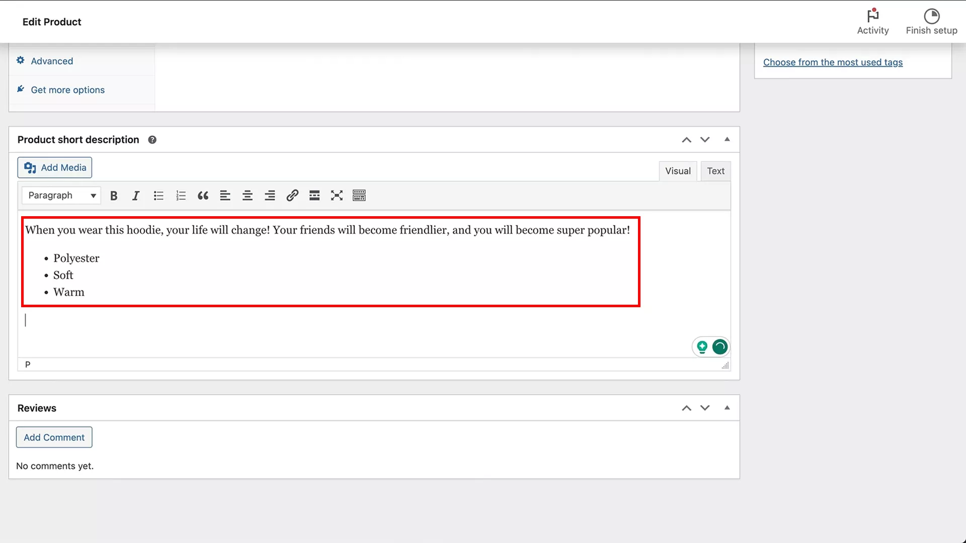 product short description WooCommerce
