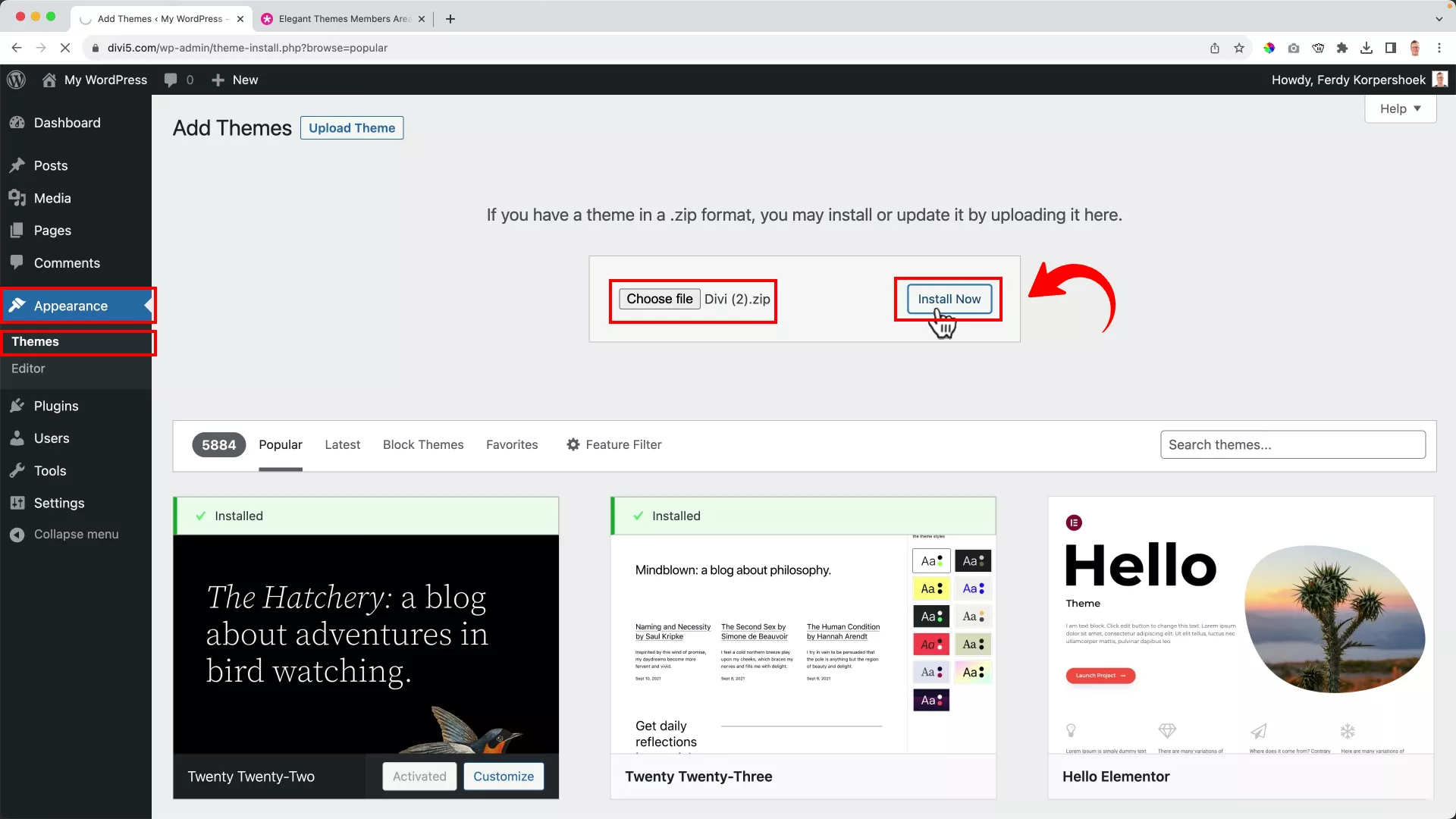 upload Divi on WordPress and install