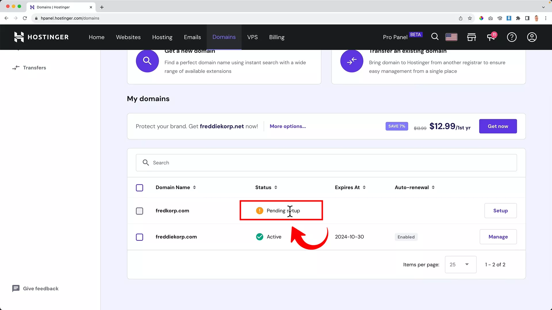 Set up new domain on Hostinger