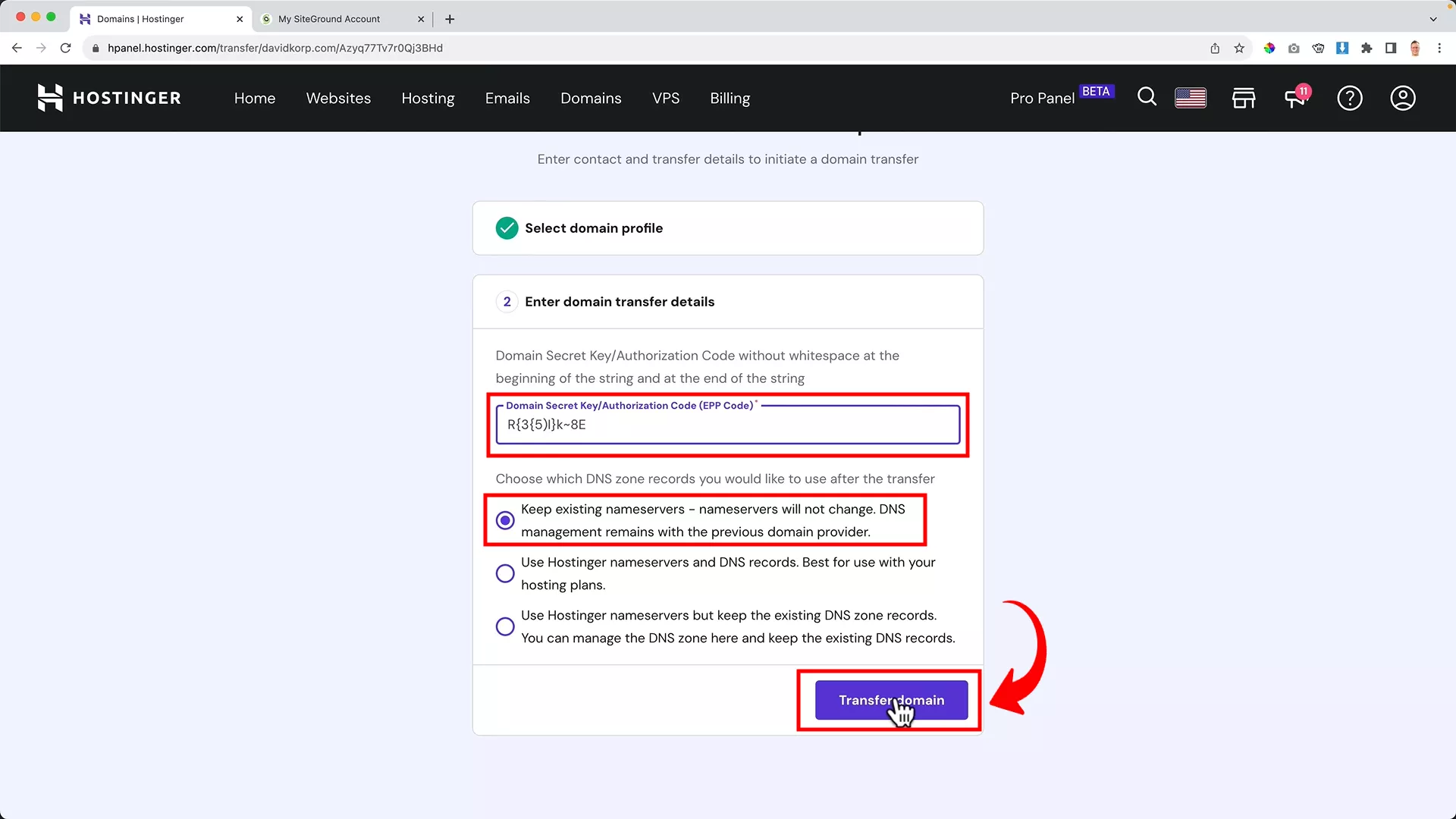 Transfer domain to hostinger
