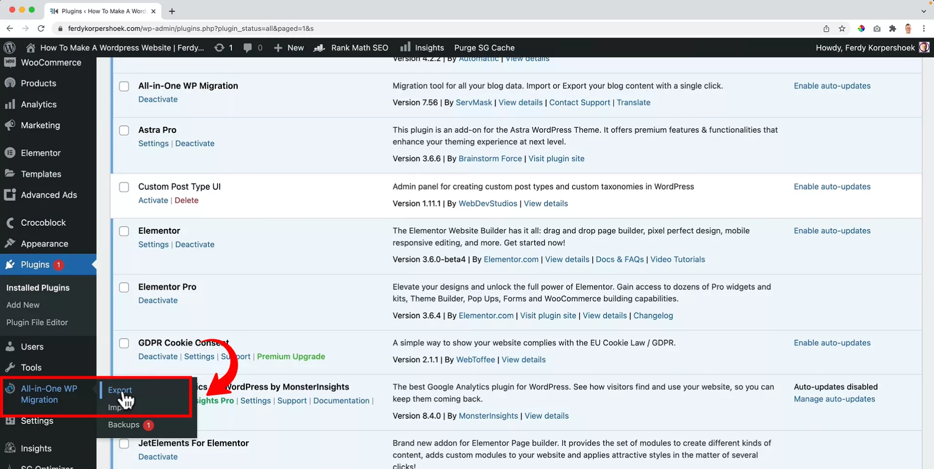 create a site backup using all in one wp migration plugin on WordPress