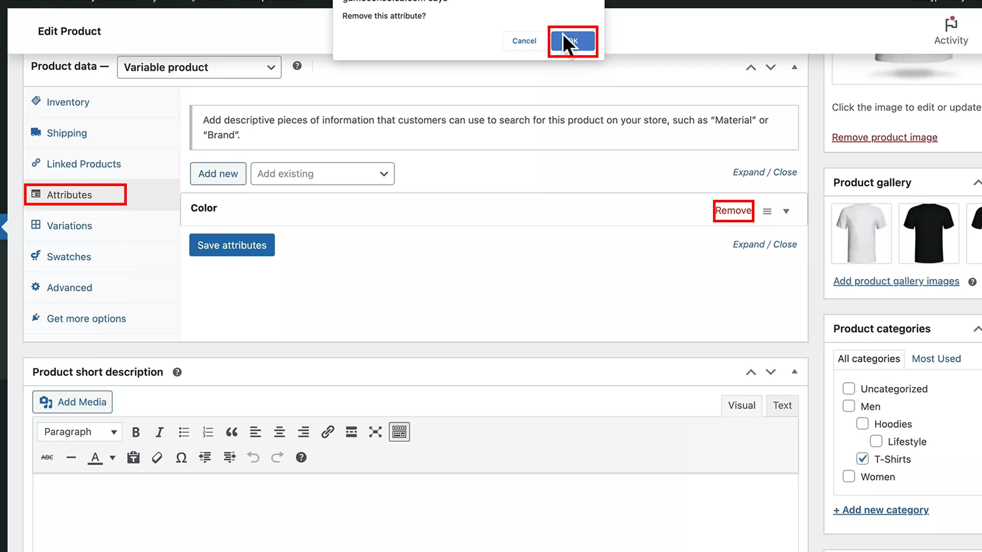 remove variant attributes on WooCommerce