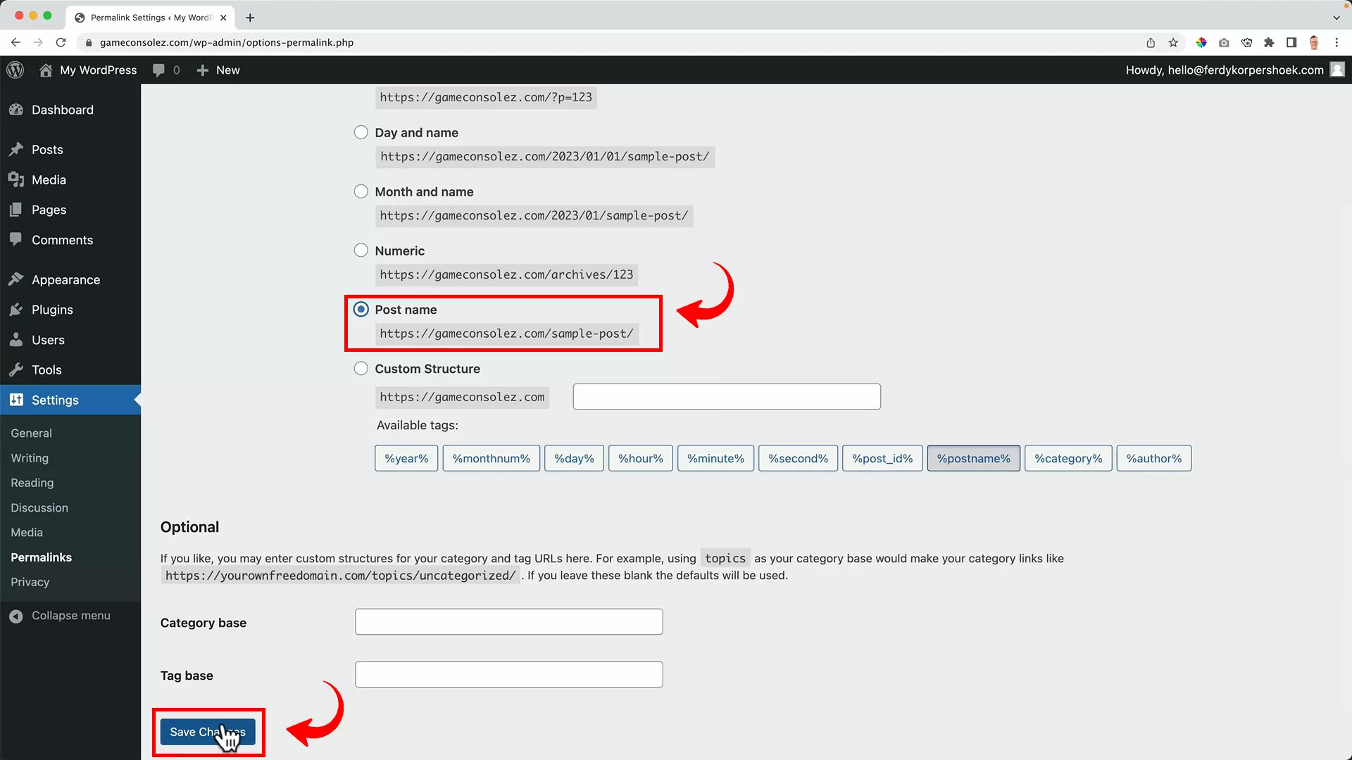 change the permalink structure on WordPress