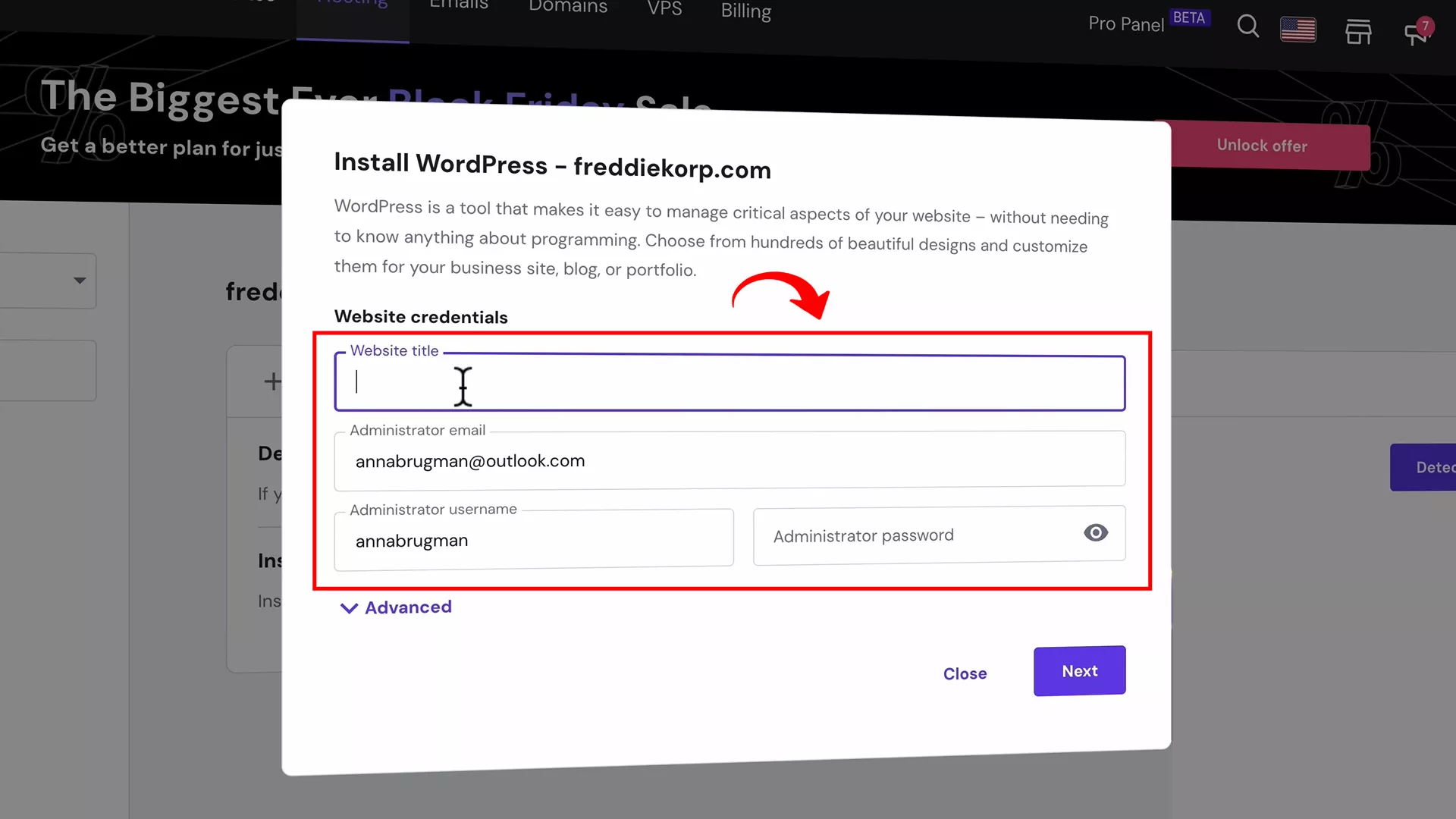 enter website login credentials on Hostinger