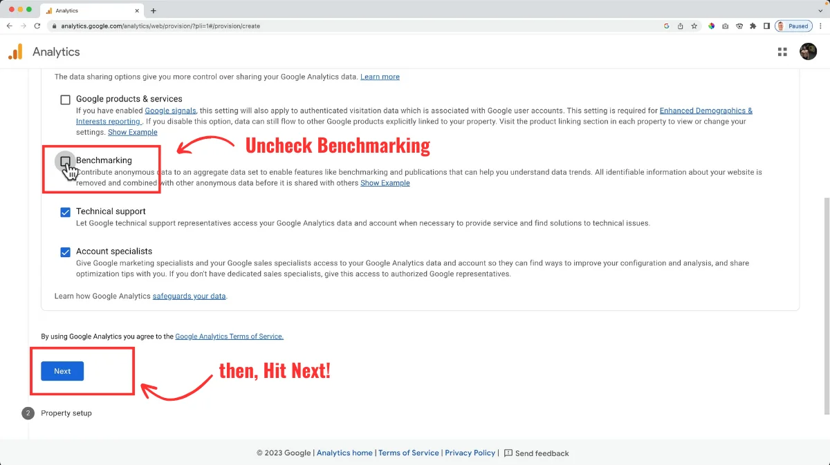 Google Analytics account set up uncheck benchmarking
