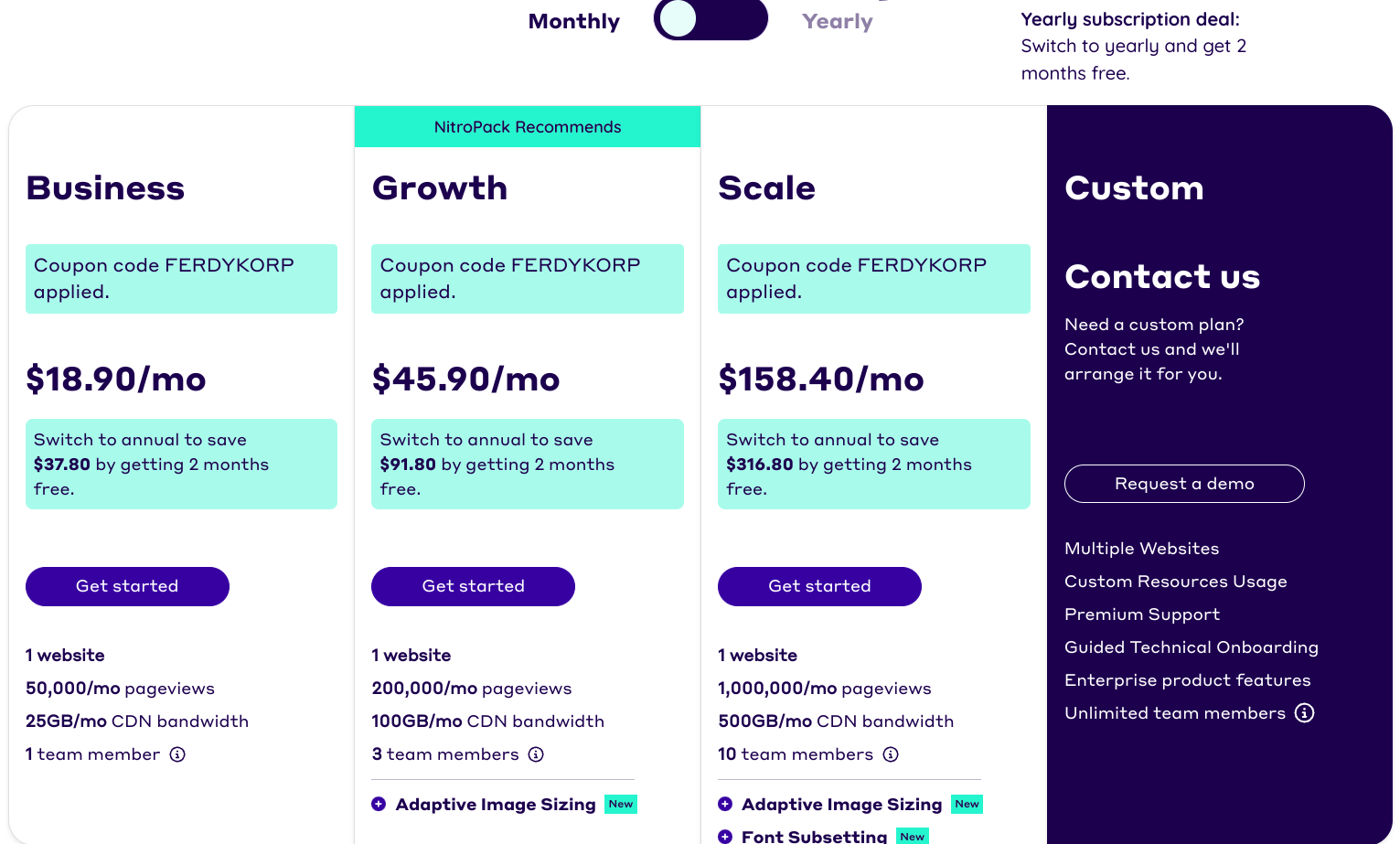 NitroPack pricing plans