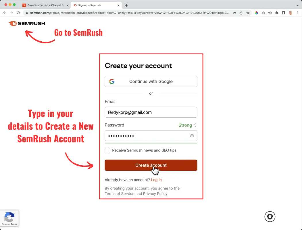 Sign up for SemRush free trial