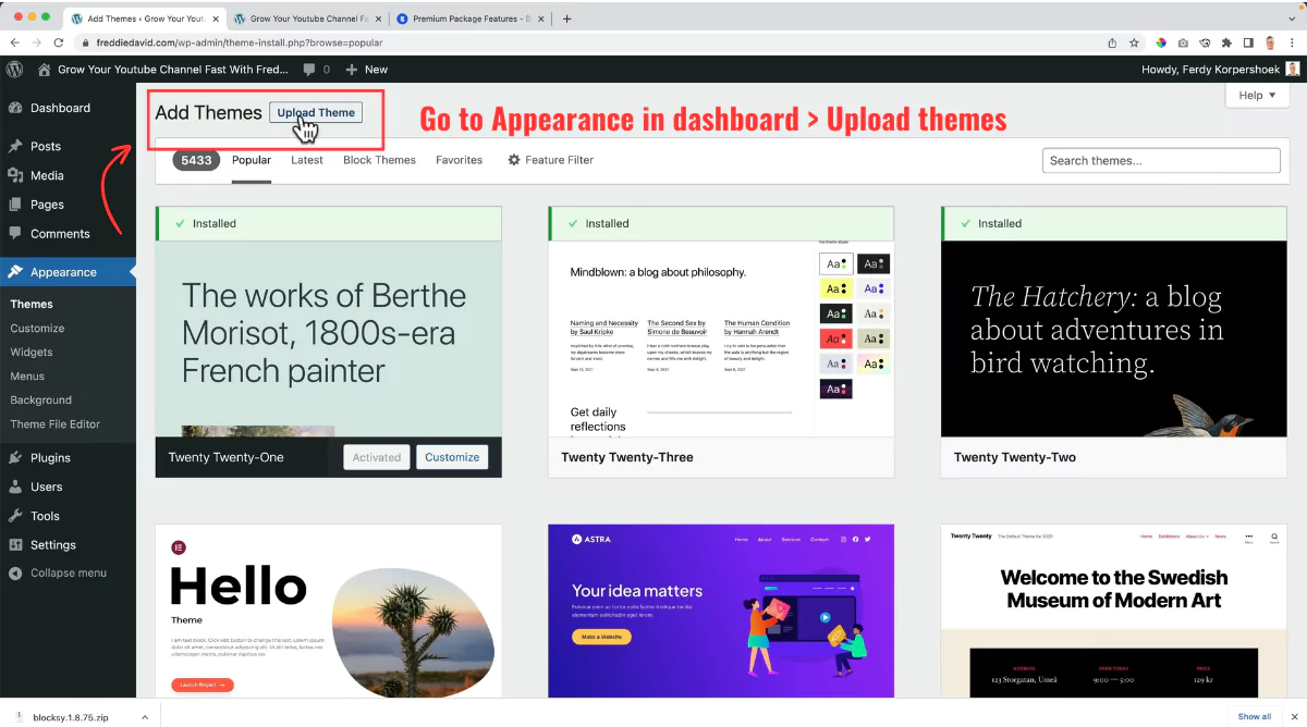 Upload Blocksy theme to WordPress site