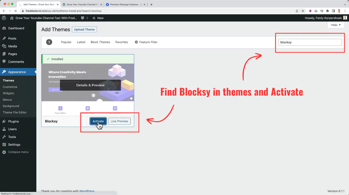 Find Blocksy in themes on WordPress and activate
