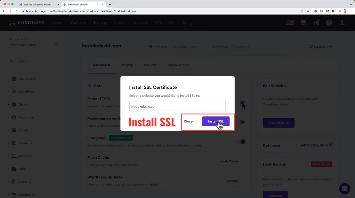 Hostinger install SSL